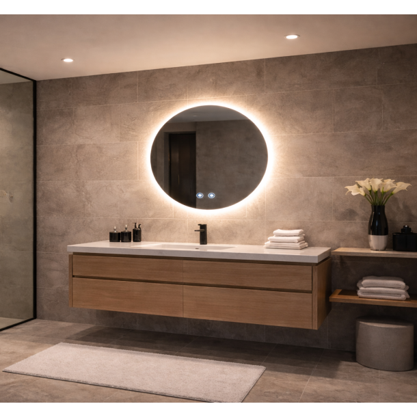 Rundt spejl med LED-lys og antidug �80, Model: Saksild - Kontakt for pris