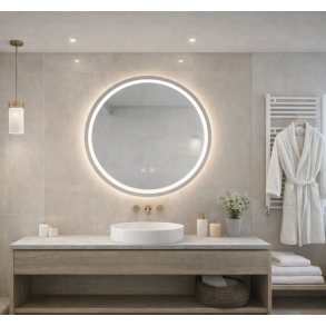 Rundt spejl med LED-lys og antidug �80, Ramme i b�rstet st�l, Model: Lang� - Kontakt os for pris