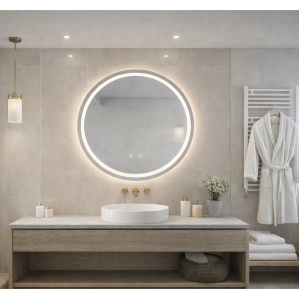 Rundt spejl med LED-lys og antidug �80, Ramme i b�rstet st�l, Model: Lang� - Kontakt os for pris