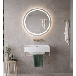 Rundt spejl med LED-lys og antidug �80, B�rstet st�l, Model: Birker�d