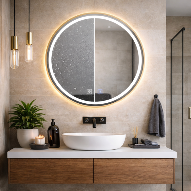 Rundt spejl med LED-lys og antidug �80, Model: Valby