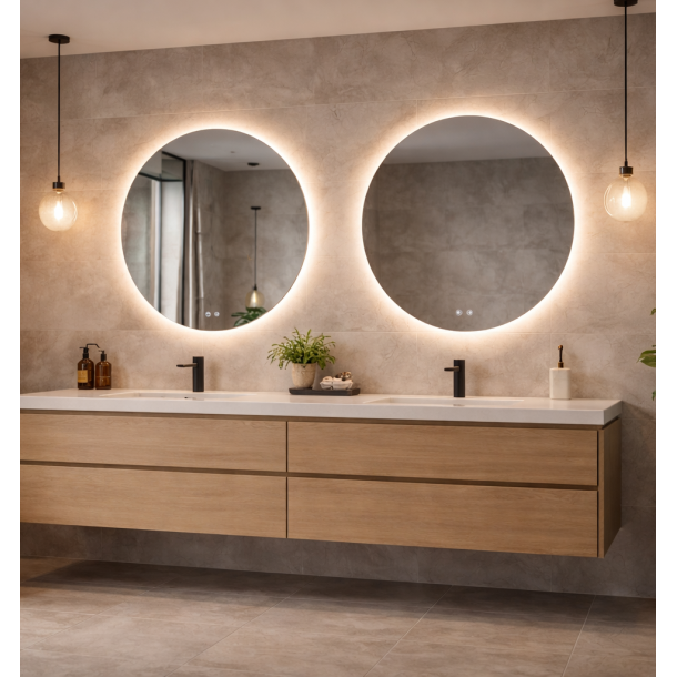 Rundt spejl med LED-lys og antidug �80, Model: Viby