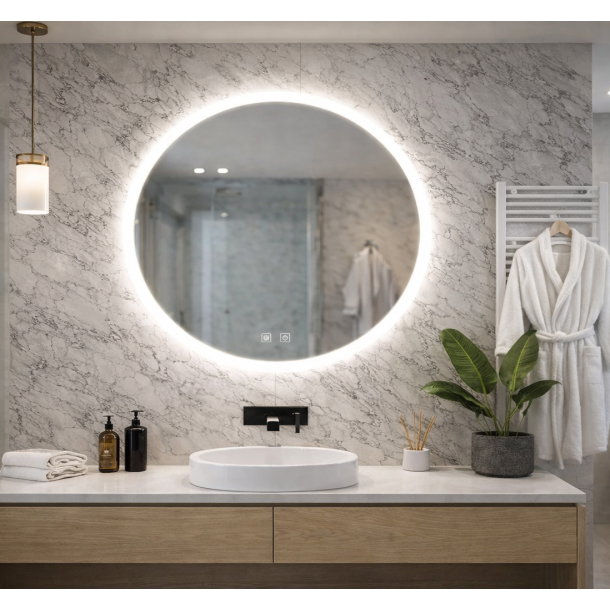 Rundt spejl med LED-lys og antidug �90, Front belysning, Model: Br�ndby - Kontakt os for pris