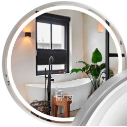 Rundt spejl med LED-lys og antidug �80, B�rstet st�l, Model: Birker�d