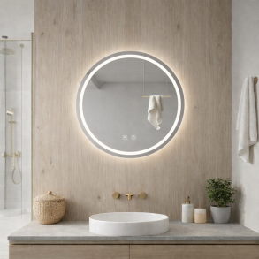 Rundt spejl med LED-lys og antidug �80, B�rstet st�l, Model: Birker�d