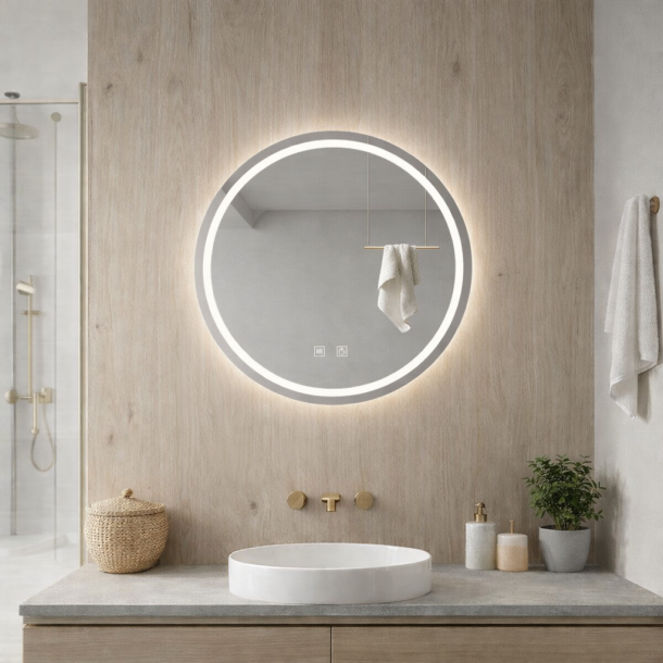 Rundt spejl med LED-lys og antidug �80, B�rstet st�l, Model: Birker�d